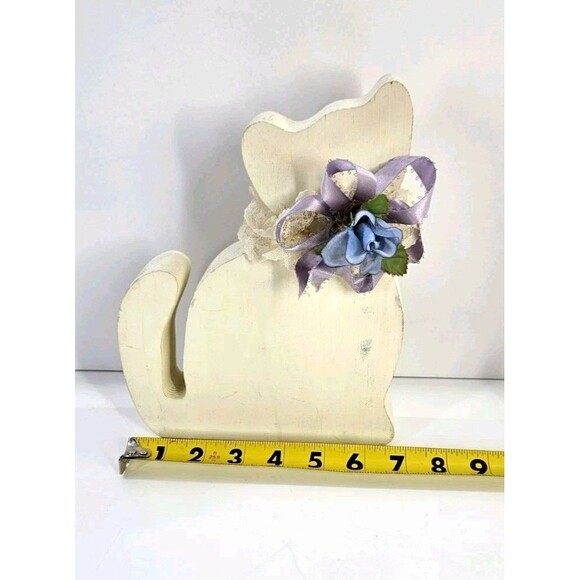 Vtg Wood Primitive Country Kitty Cat Floral Bow Farmhouse Shabby Chic Cottage - Picture 2 of 12